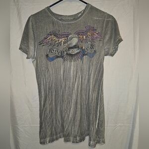 Sinful by Affliction Love and Pride tshirt size MD‎ grey blue and purples